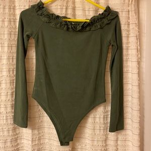 Off the shoulder green body suit